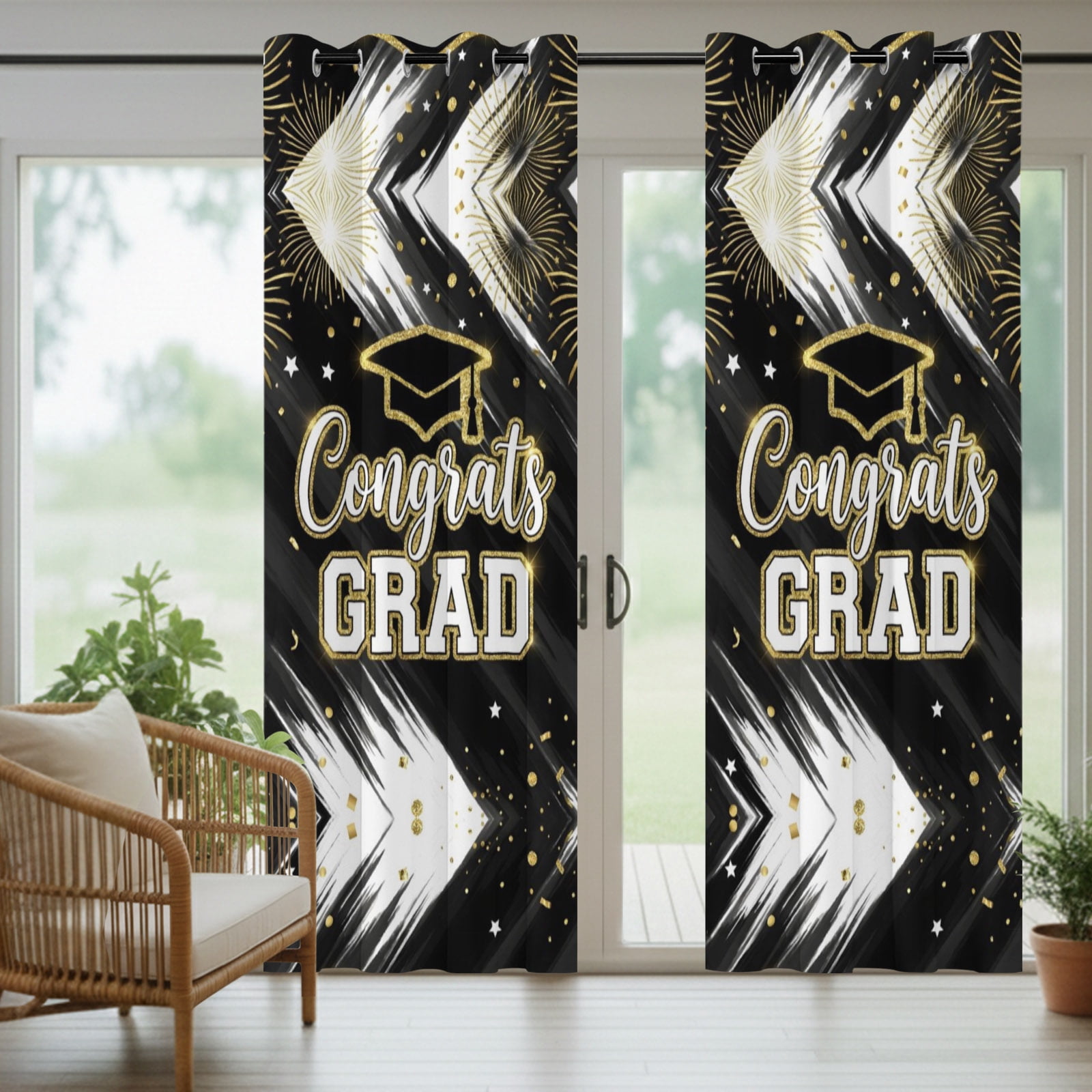 Graduation Cap Outdoor Curtains for Patio, Modern Black Gold Firework Glitter Star Sunshade Privacy Drapes Grommet Waterproof Outside Curtains for Porch/Cabana/Balcony 54"x 108", 1 Panel