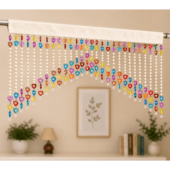 Multicolor Heart Beaded Door Curtain Toran, 4 FT Width x 2 FT Length, Decorative Hanging Door Curtain