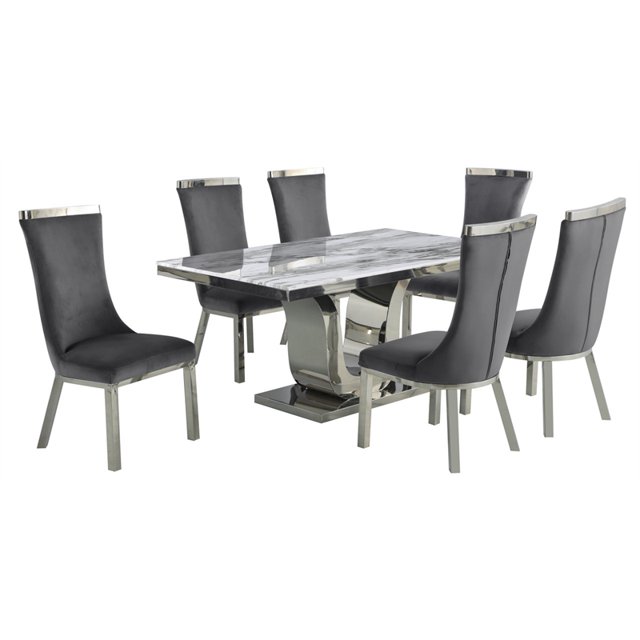 White Marble 7pc Dining Set with Silver Stainless Steel and 6 Chairs