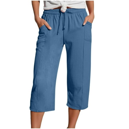 AHTJRT Women s Summer Cotton Capris 2026 Beach Trousers with Pockets Lightweight Drawstring Waist Trousers Dressy Stretch Straight Leg Shorts Blue#01 L AHTJRT Women s Summer Cotton Capris 2026 Beach Trousers with Pockets Lightweight Drawstring Waist Trousers Dressy Stretch Straight Leg Shorts Blue#01 L