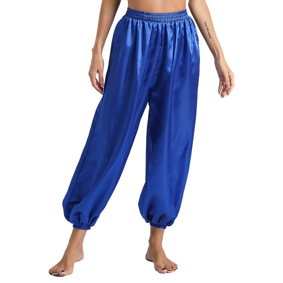TiaoBug Womens Belly Dance Pants Elastic Waistband Satin Harem Pants Dancing Tribal Latern Bloomers Pants Royal Blue L