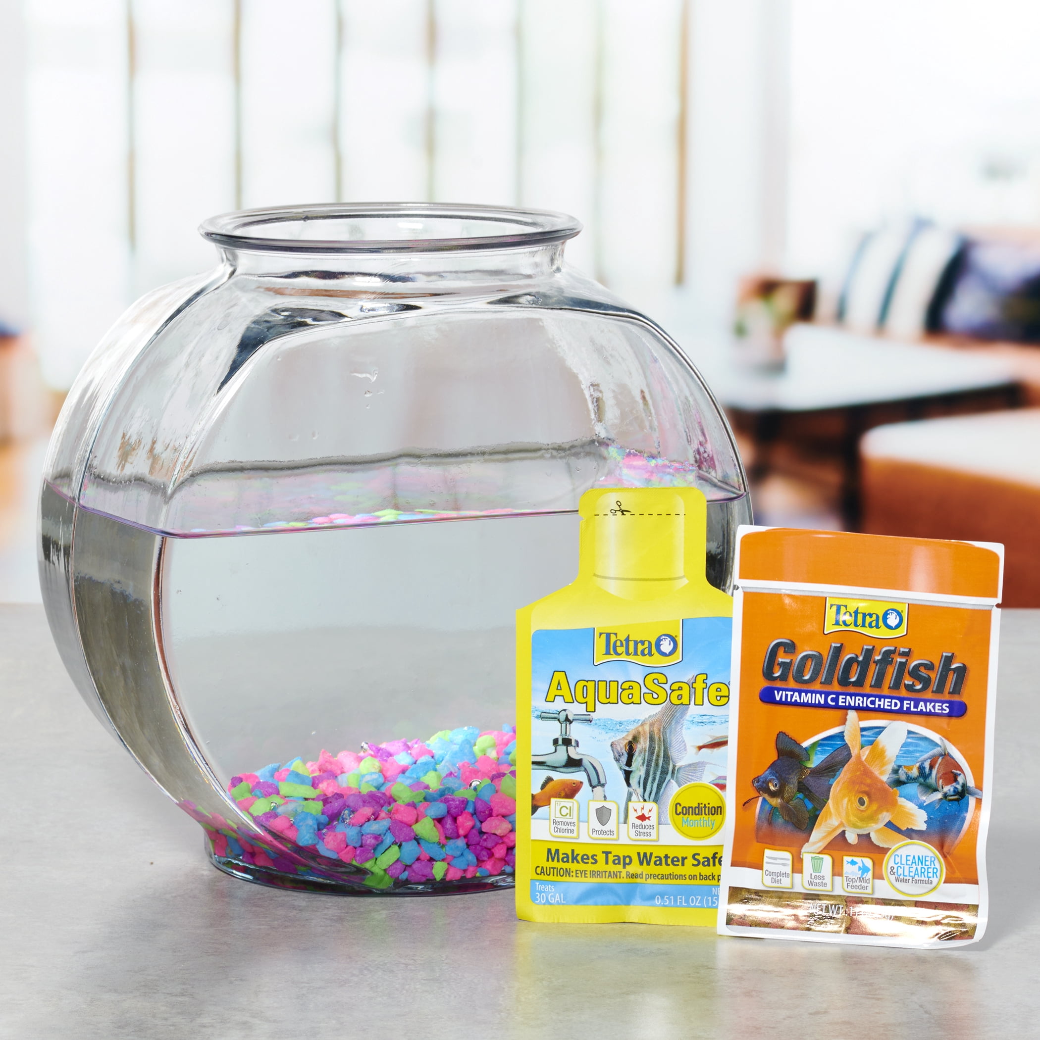 Vibrant Life 1 Gallon Glass Fish Bowl Starter Kit with Colorful Gravel, Fish Food, and Water Conditioner Samples