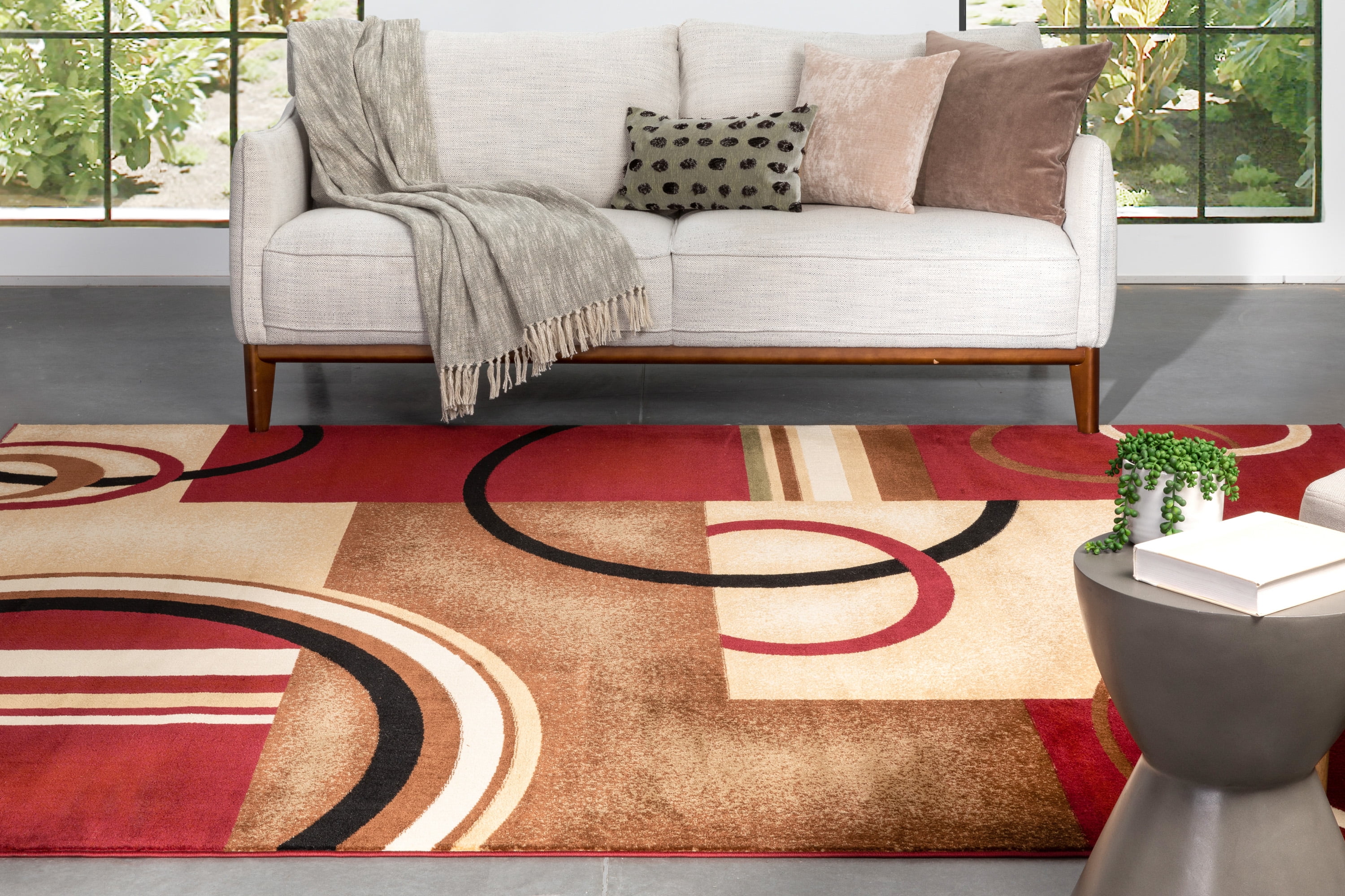 Well Woven Deco Rings Red Ivory Light Blue Geometric Modern Casual Area Rug Easy to Clean Stain Fade Resistant Shed Free Abstract Contemporary Color Block Boxes Lines Soft Living Dining Room Rug