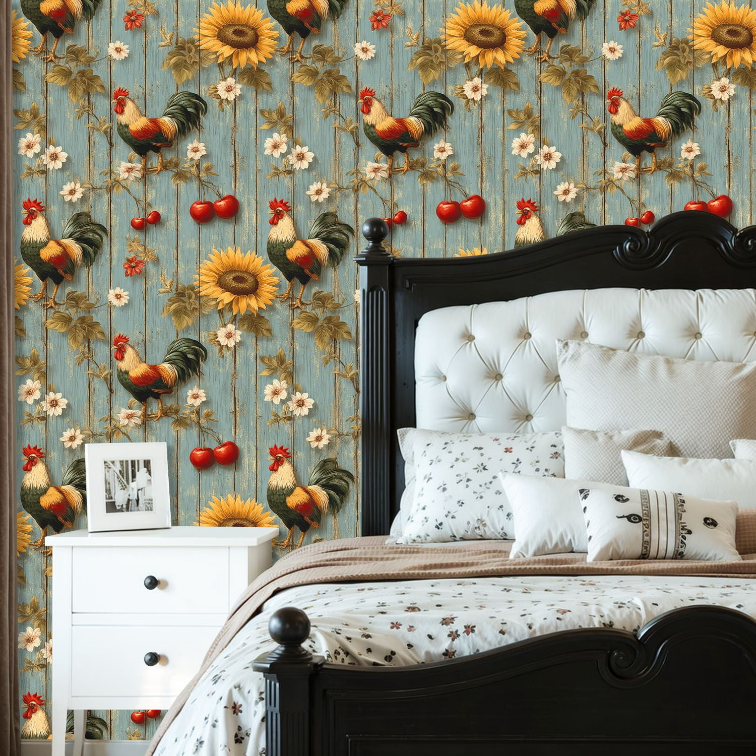 Chicken Peel and Stick Wallpaper Rooster Sunflower Rustic Farmhouse Blue Wooden Wall Mural 23.6in x 9.8ft Self Adhesive Removable Wall Paper Renter Friendly Wallpaper for Nursery Bedroom Cabinets