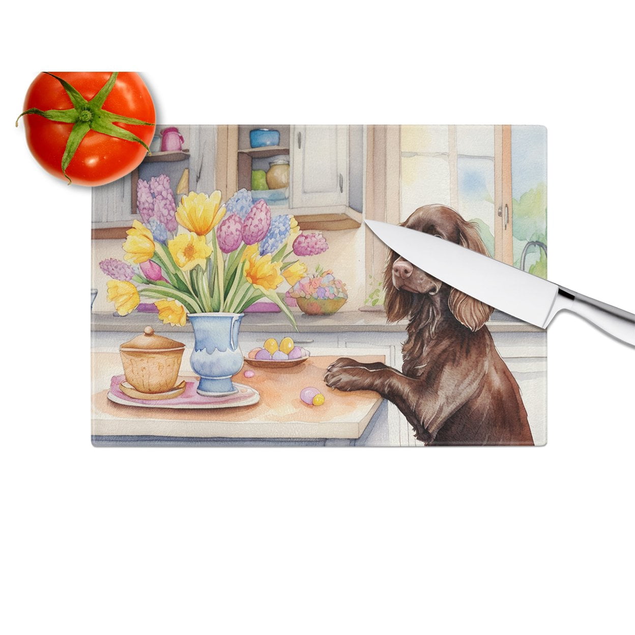 Decorating Easter Boykin Spaniel Glass Cutting Board 12 in x 15 in