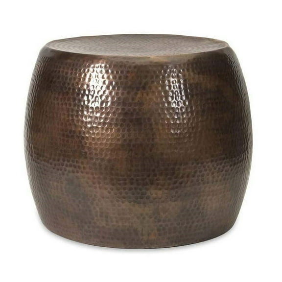 20 Inch Classic Iron Low Accent Table, Round Top, Drum Shape, Brown - Saltoro Sherpi