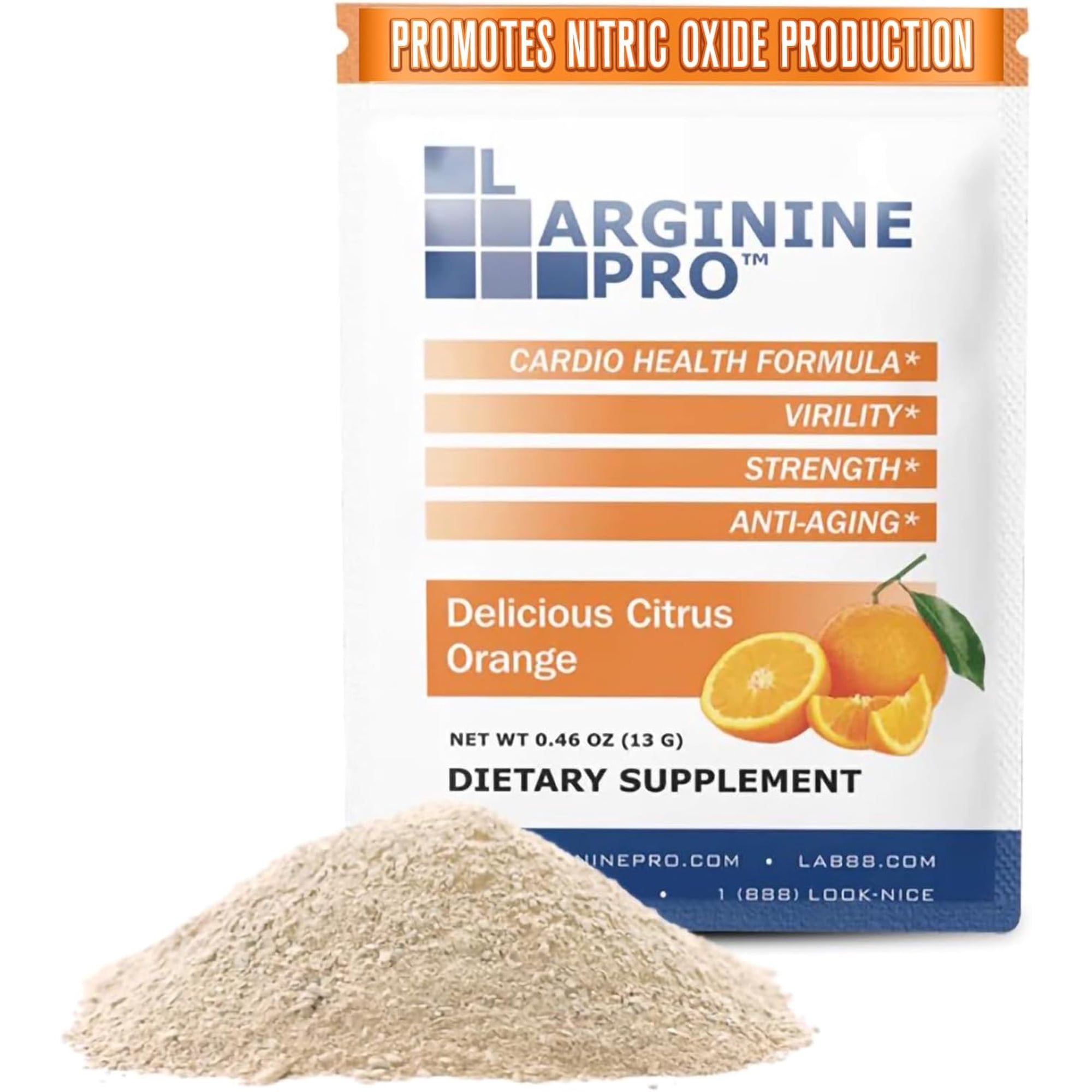 L-Arginine Pro Nitric Oxide Booster - 5500mg L-Arginine, 1100mg L-Citrulline Cardio Health, Citrus Orange , 1 Bag of 30 Packets
