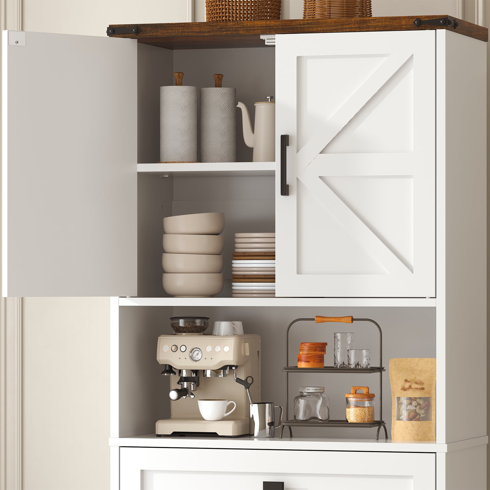 Timagebreze 67" Kitchen Pantry Storage Cabinet with Barn Doors & Drawer, Adjustable Shelves for Kitchen, Pantry or Dining Room
