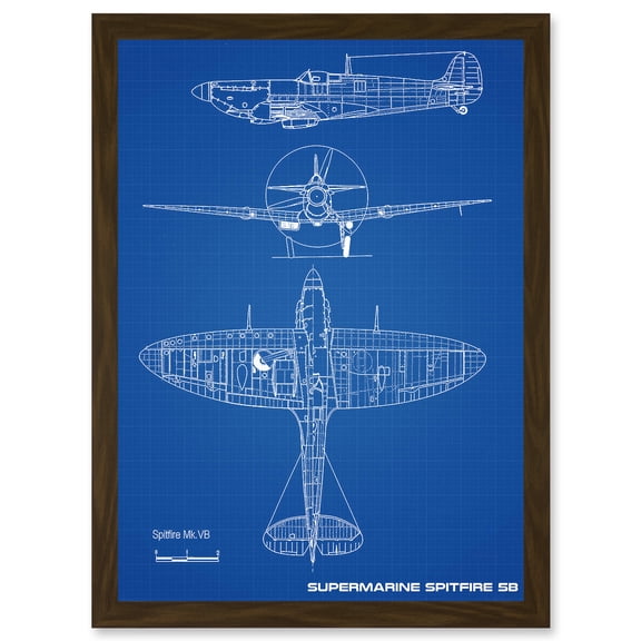 Supermarine Spitfire 5B Fighter Plane Blueprint Plan A4 Artwork Framed Wall Art Print