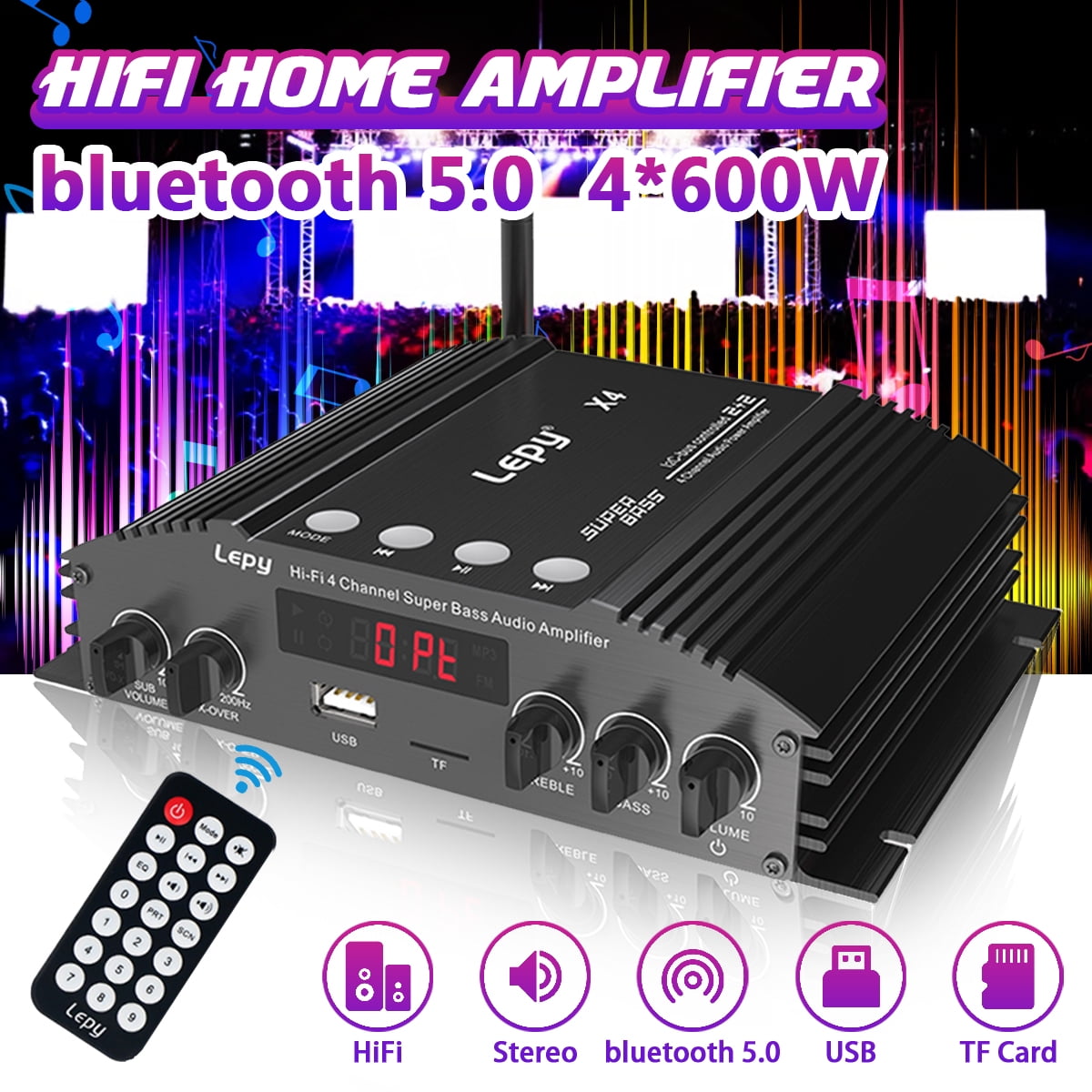 4,1 CH Ampli, 1200W Amplificateur HiFi Bluetooth 5.0, 40W x 4 +
