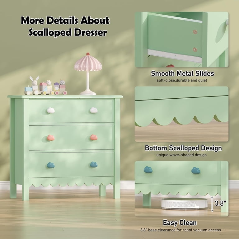 3 Drawer Dresser for Bedroom,Small Green Drawer Dresser with Colorful Cloud  Handle, Chest of Drawers for Bedroom, Cute Scalloped Nightstand for Living  Room, Entryway and Hallway - Walmart.com