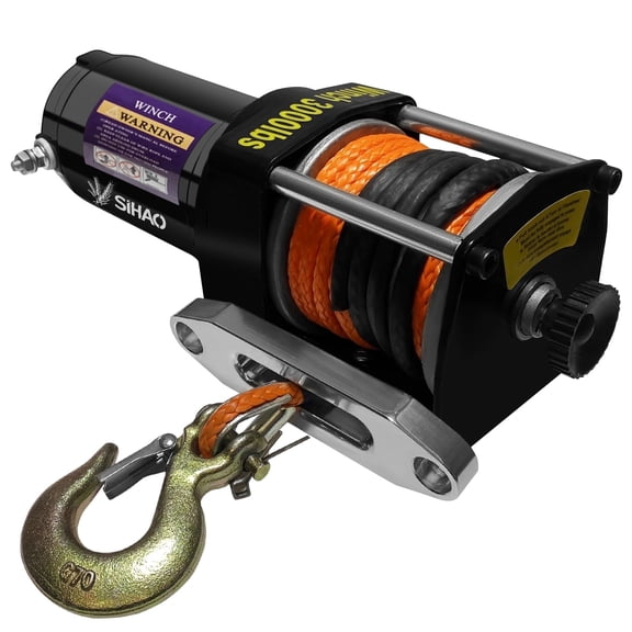 SHUNJITAI 3000lbs Electric Winch with Synthetic Rope - Wireless Remote & Handle, Includes Mounting Plate & Rope Guide for Off-Road Vehicle & Trailer Recovery
