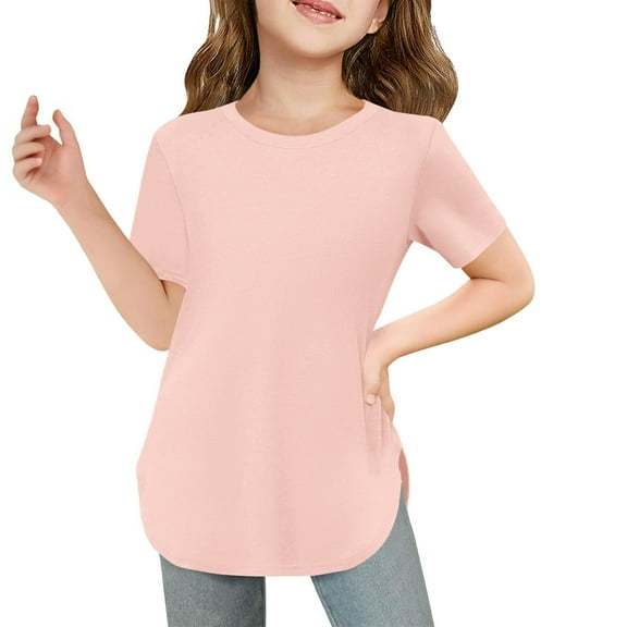 Girls Curve 𝗛em Short Sleeve Shirts Side Slit Crewneck Soft Casual Tops Lightweight Solid Tuni𝗰 Blouse for Kids