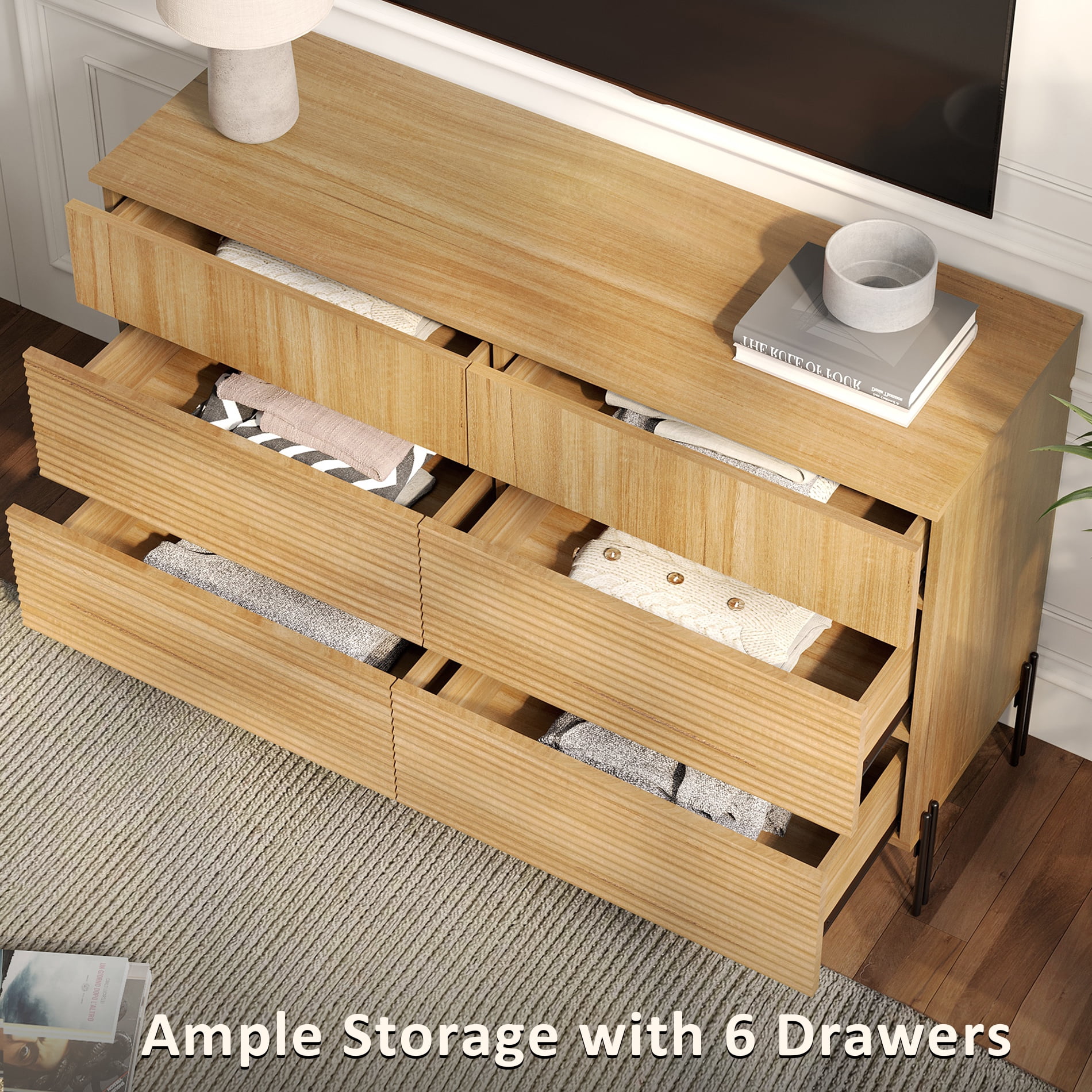 WAMPAT 47.2" Wood Accent Cabinet with Drawers, Modern Credenza Storage Cabinet with Minimalist Reeded Design for Living Room, Kitchen, Dining Room, Hallway