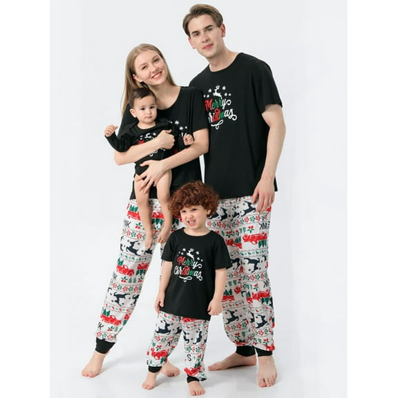 BULLPIANO Matching Family Pajamas Sets Christmas PJ's with Short Sleeve Black Tee and Print Pants for Women/Men/Kids/Couples