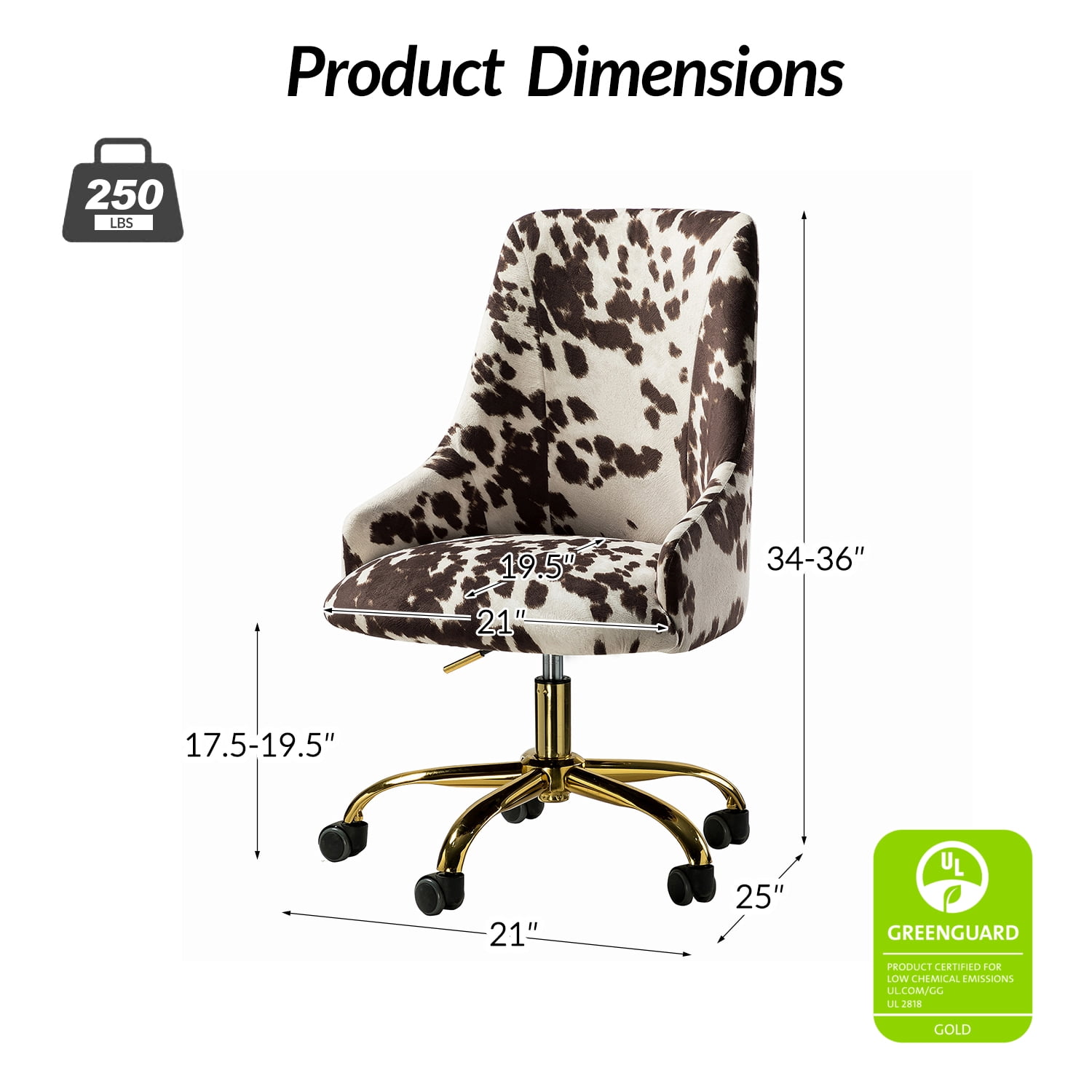 Home Office Computer Desk Chair Upholstered Swivel Adjustable Study Task Chairs Gold Base Cow COWHIDE