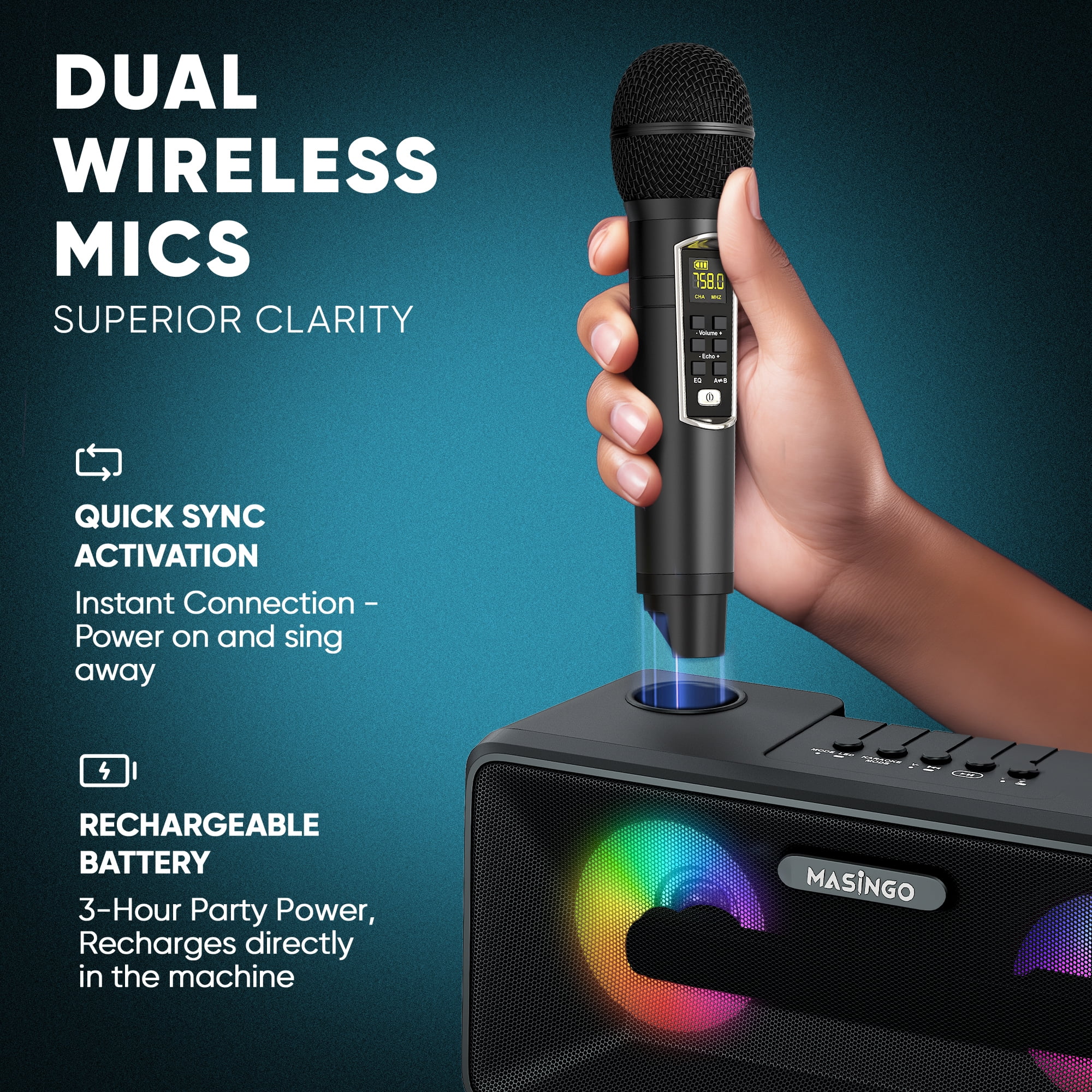 MASINGO Karaoke Machine for Adults and Kids with 2 Wireless Microphones, Portable Bluetooth Singing Speaker, Colorful LED Lights, PA System, Lyrics Display Holder & TV Cable - Presto G2 (Black)
