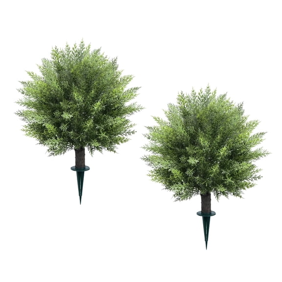 Joyooss Artificial Cedar Tree 2FT, 2 Pack Faux Outdoor Topiary Cedar Plants UV Resistant, Fake Evergreen Shrubs with Ground Spike for Front Porch Garden Indoor Outdoor Decor, Wire-Wrapped No-Drop