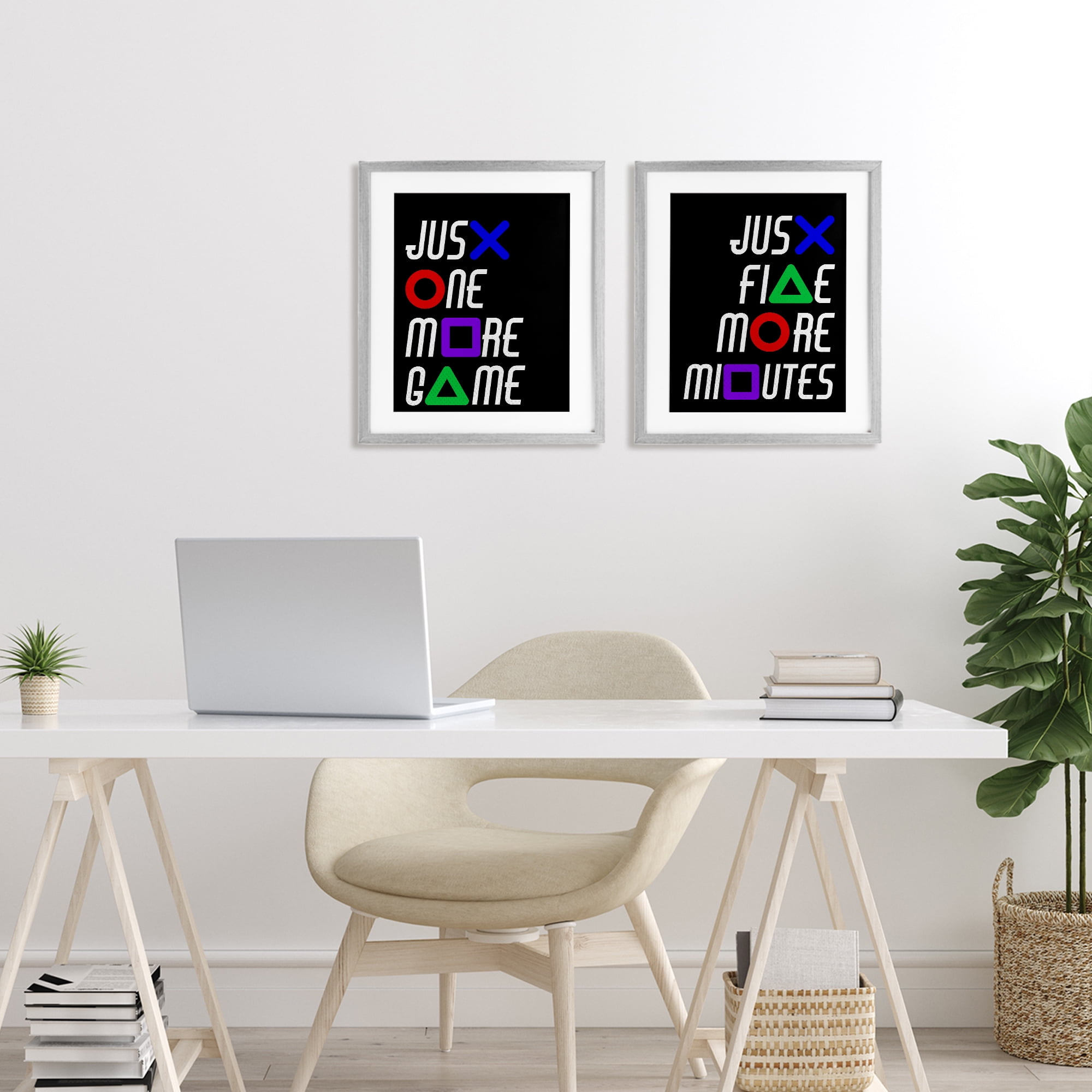 Gamer Button Symbols Phrases 2 Piece Gray Framed Print Under Glass Set, design by Kim Allen