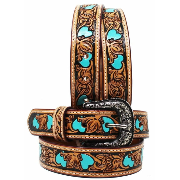 25-26  Girls Kids Child Youth 1-1/4" Wide Western Rodeo Fashion Two-Tone Floral Hearts Tooled Leather Belt 26FK37TRC