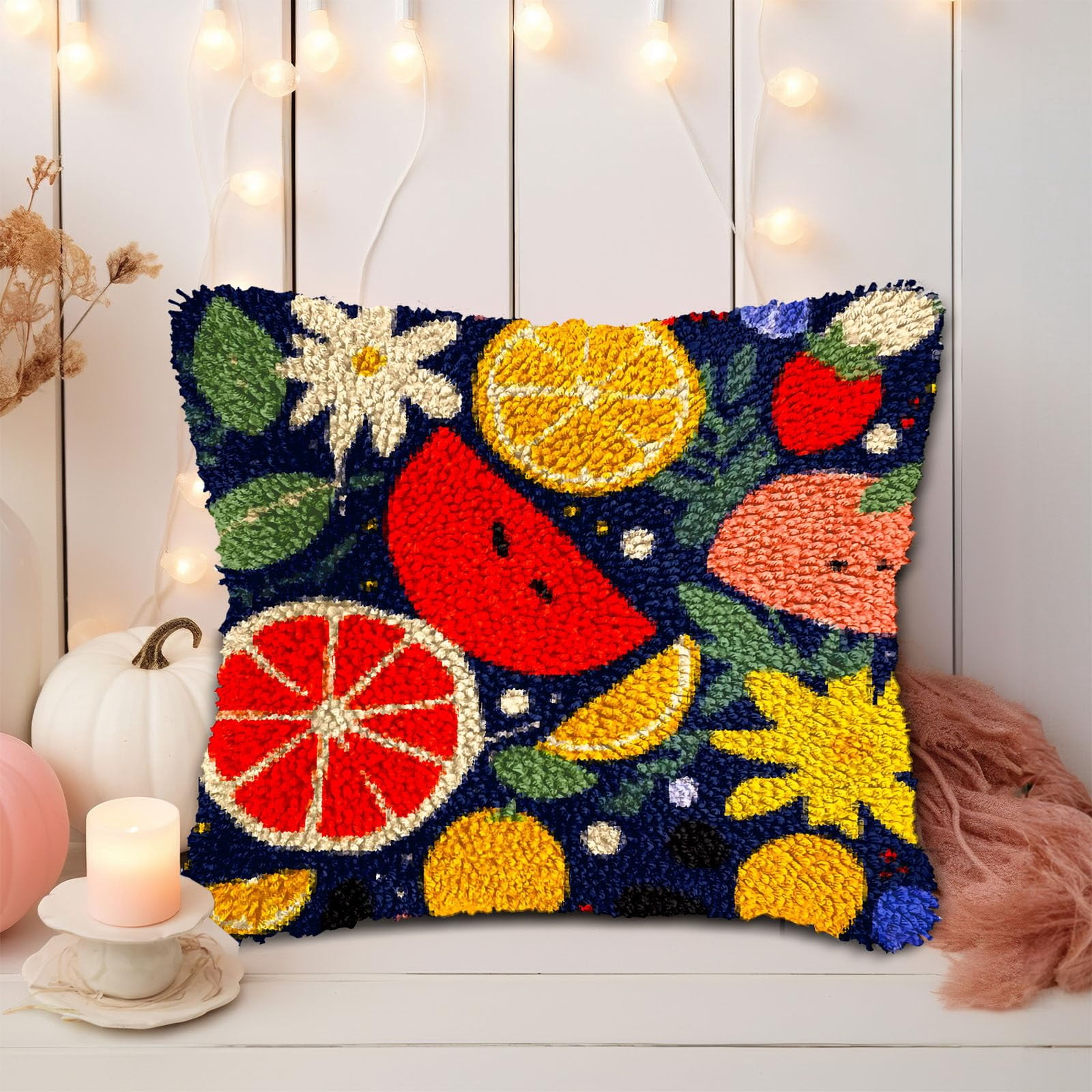 Colorful Fruits DIY Latch Hook Pillow Kits for Adults Printed Pillowcase Crochet Yarns Hooking Handmade Pillow Cover Cushion for Home Sofa Decoration 17x17inch