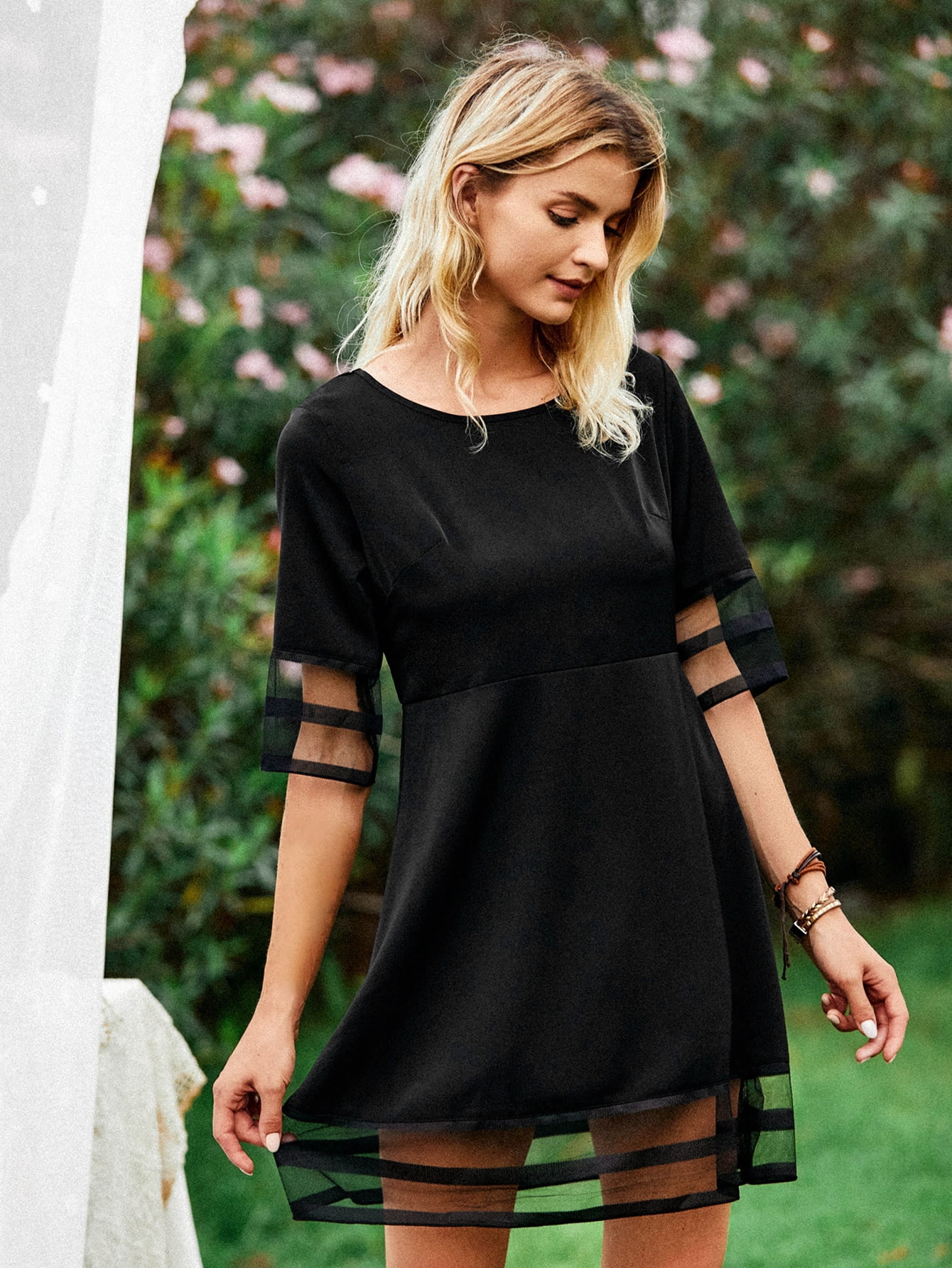 Women's Contrast Mesh Panel Smock Dress 