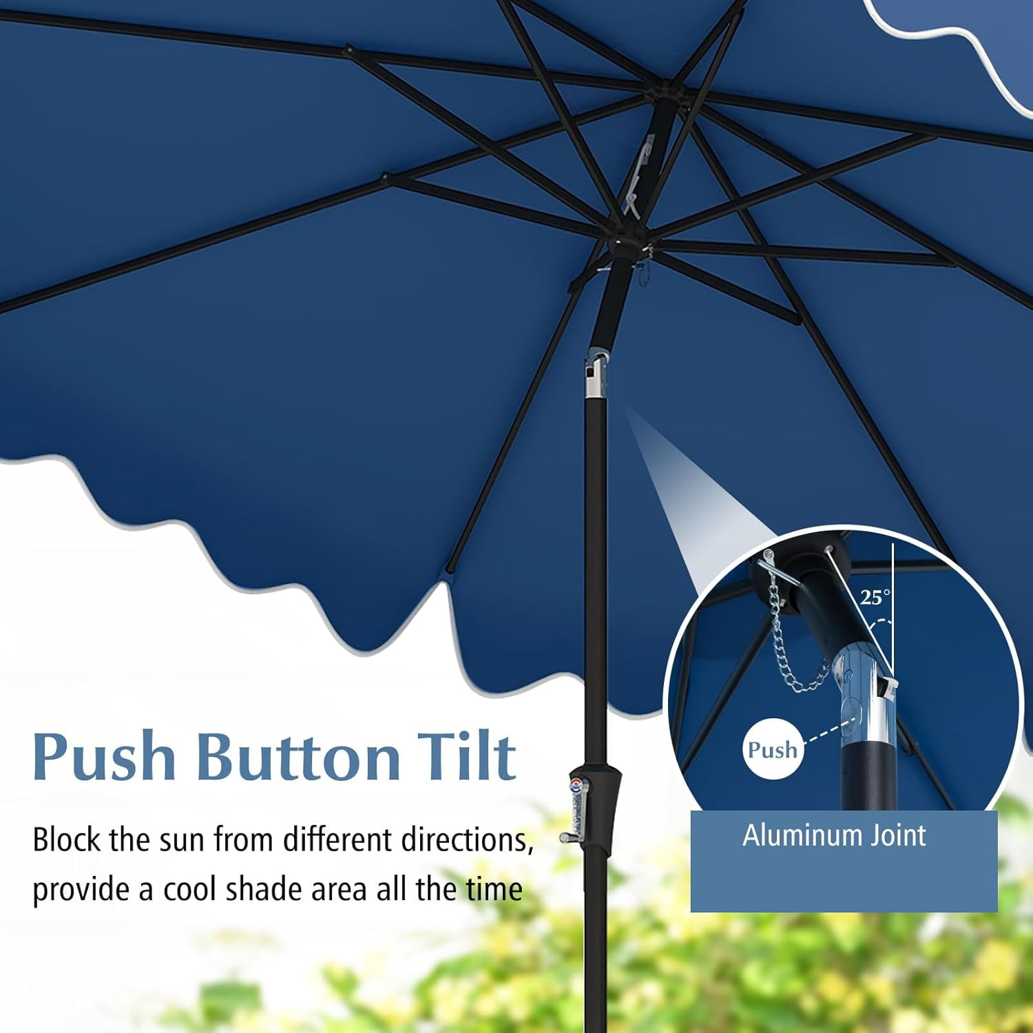 CHTER 9Ft Patio Umbrella with Crank, 2-Tier Outdoor Umbrella with Push Button Tilt, Sun-Protective Canopy, 8 Ribs, Scalloped Patio Umbrella for Outdoor Beach Deck Pool Table (Blue)