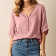thumbnail image 6 of Zynoxe Womens Casual Cotton Linen Tops for Daily Wear Solid Color Button V-neck Short Sleeve Tops Peasant Gauze Loose Versatile Plus Size Tops Pink XL, 6 of 8