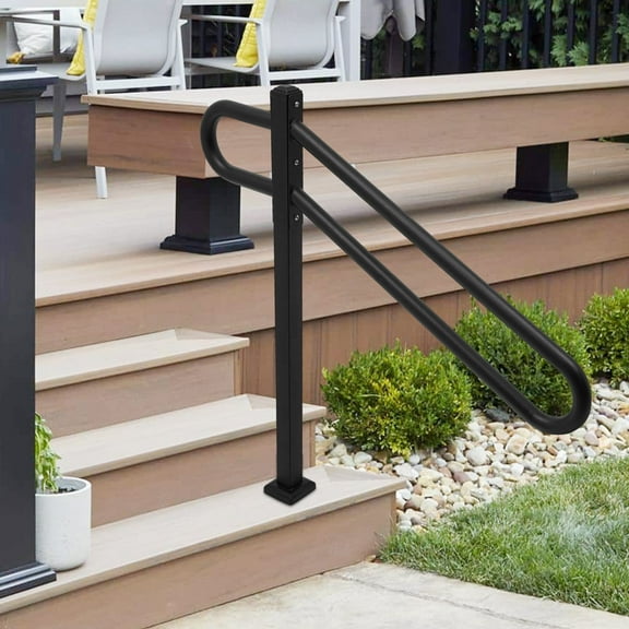 Outdoor Safety Handrail, Black Iron Construction with 661lbs Load Capacity, 45° Slope Design for 1-3 Step Stairs, Wall or Floor Mountable