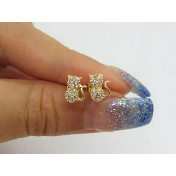 1Ct Round Cut Natural Moissanite Womens Cat Stud Earrings 14K Yellow Gold Plated Silver