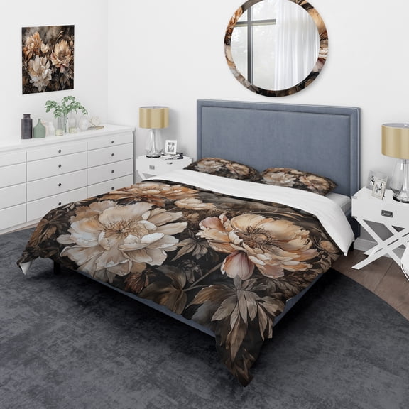 Designart "Peony Blooms in Cream and Brown" Floral Peony Bedding Covert Set - Peonies Cream Floral Bed Set With 2 Shams
