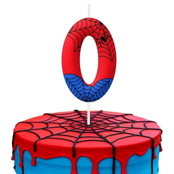 Red and blue spider web 0 birthday candle, number 0 candle, spider hero style cake decoration, suitable for superhero party decoration
