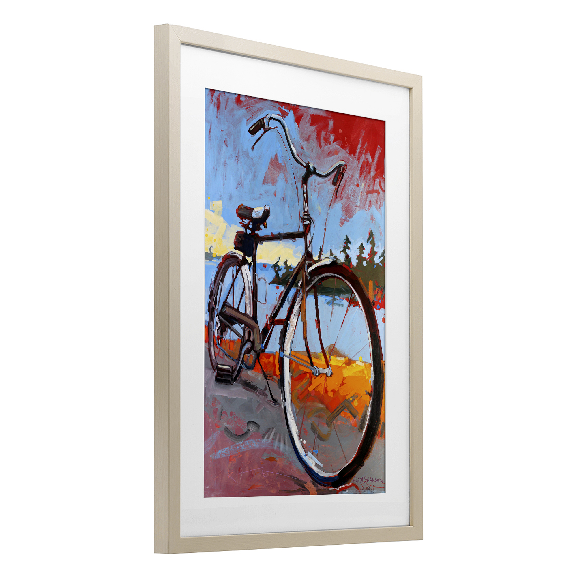 Tonight Bicycle Journey Birch Framed Print Under Glass, design by Adam Swanson