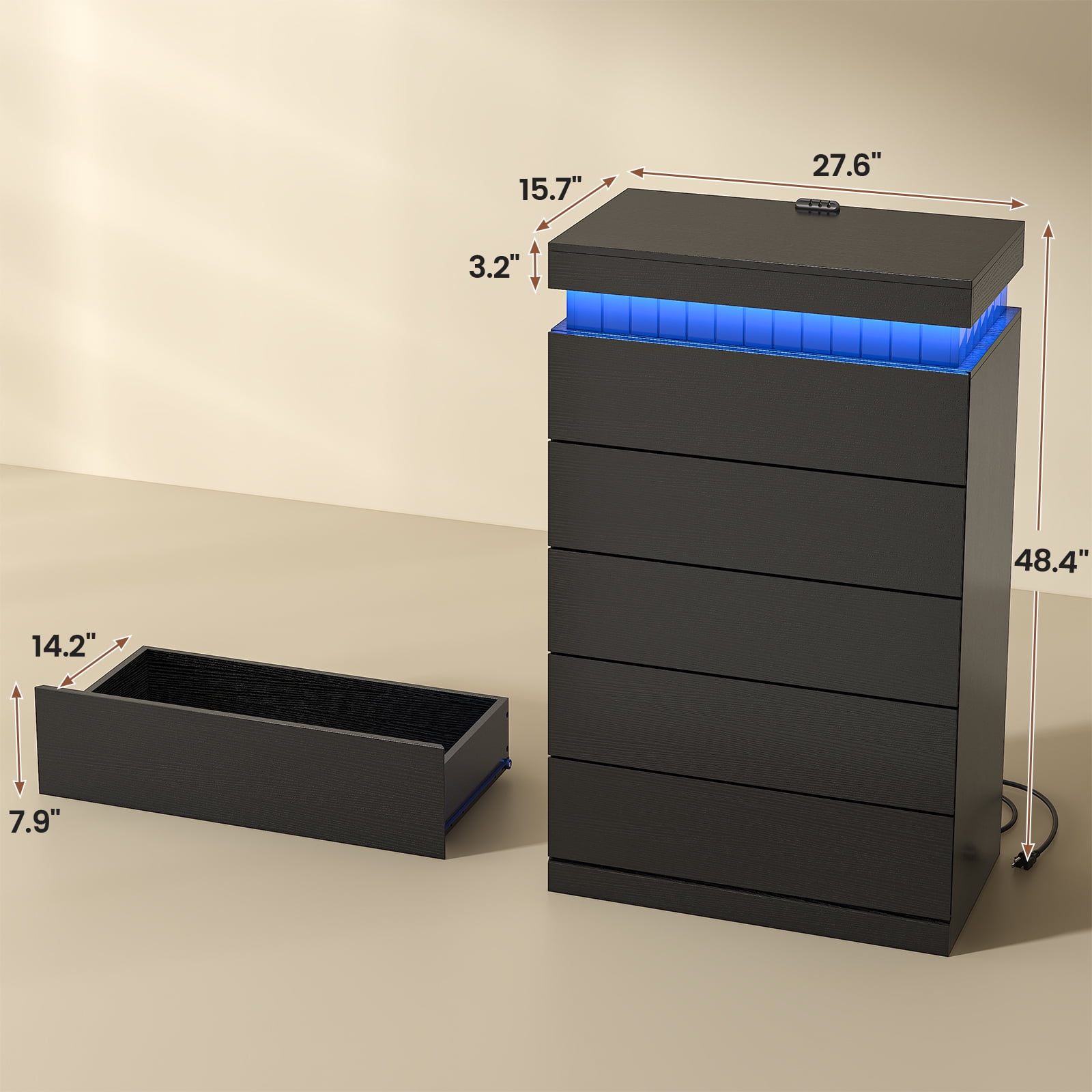 Tall Dresser with LED Light and Power Outlet, Modern 5 Drawers Floating Dressers, Chest of Drawer for Bedroom, Living Room, Hallway, Entryway, Black
