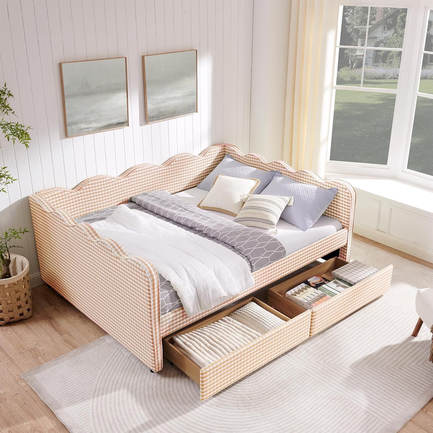 avobird Cozy Gingham Daybed with 2 Storage Drawers Queen Size Sofa Bed for Living Room, Sleeper Sofa with USB Port and Adorable Wave Shaped, Linen Fabric, Pink