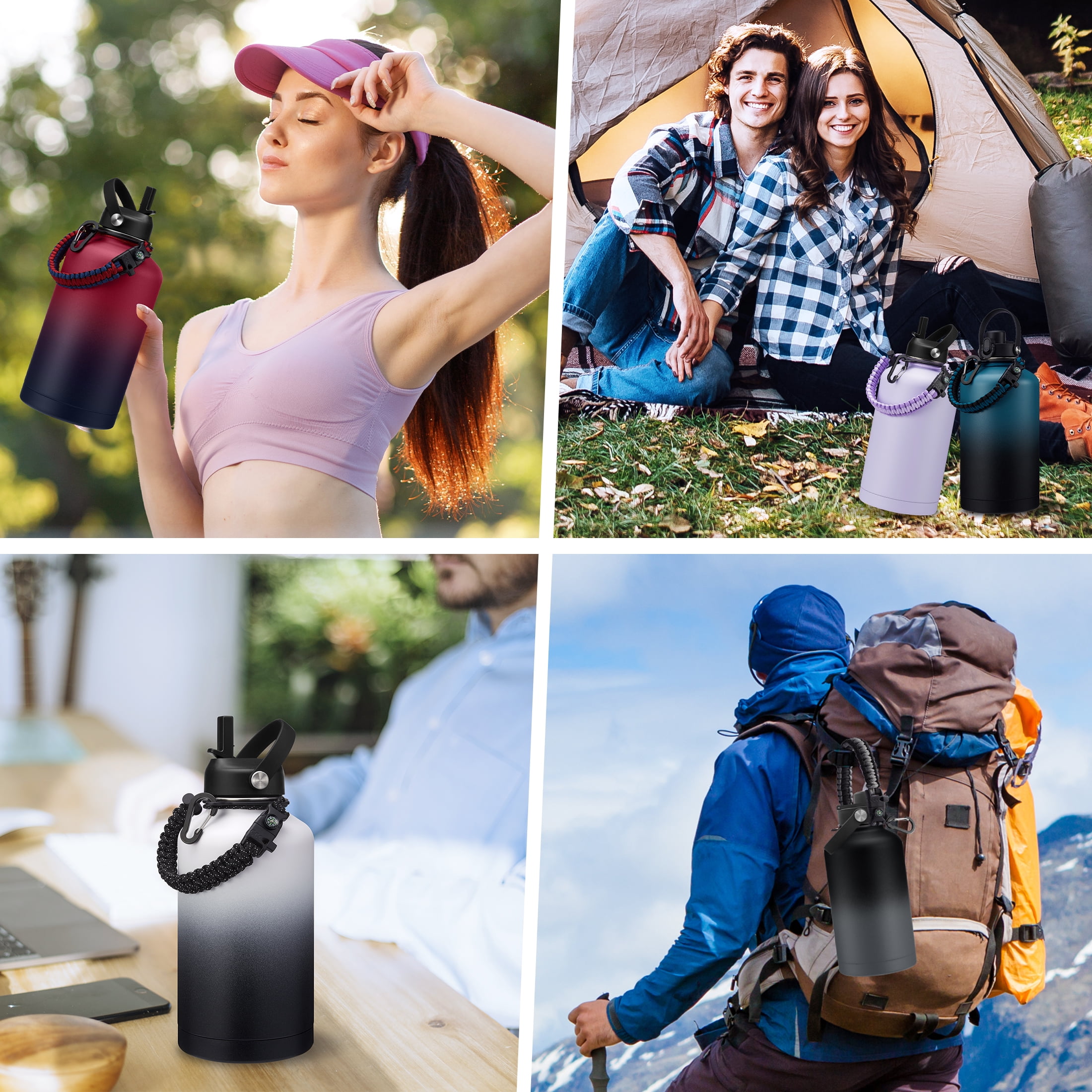 64oz Insulated Water Bottle - Keep Cold-48H Hot-12H,Vacuum Water Jug with Straw & Spout Lid,Paracord Handle,Half Gallon Sport Stainless Steel Water Flask