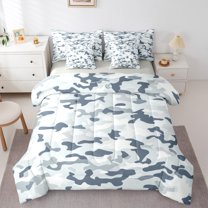 Manfei Blue Camouflage Bedding Comforter Set 7-Piece, Square Geometric King Bedding Sets, Cartoon Cartoon Reversible Bed Sheets, Breathable Home Decor