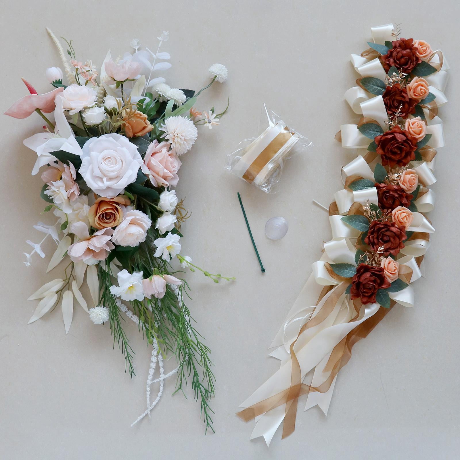 Tachiuwa Wedding Car Decoration Set Artificial Flowers Easy Installation Elegant Wedding Car Ribbons and Bows for Ceremony Accessories Pink
