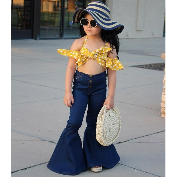 Toddler Kids Girl Denim Bell Bottoms Outfits Summer 2 Pieces Set Yellow Crop  Tops+Trousers 