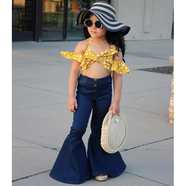 Toddler Kids Girl Denim Bell Bottoms Outfits Summer 2 Pieces Set Yellow  Crop Tops+Trousers