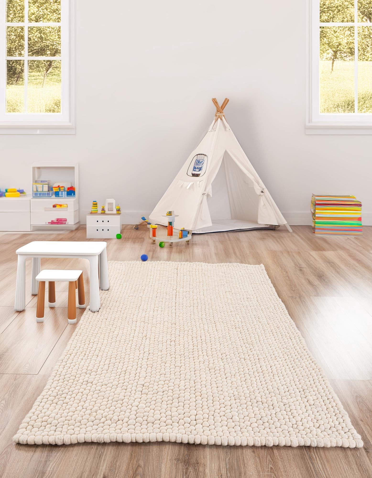 Unique Loom Felt Ball Collection Area Rug - Cloud (5' 1" x 8' Rectangle Ivory)