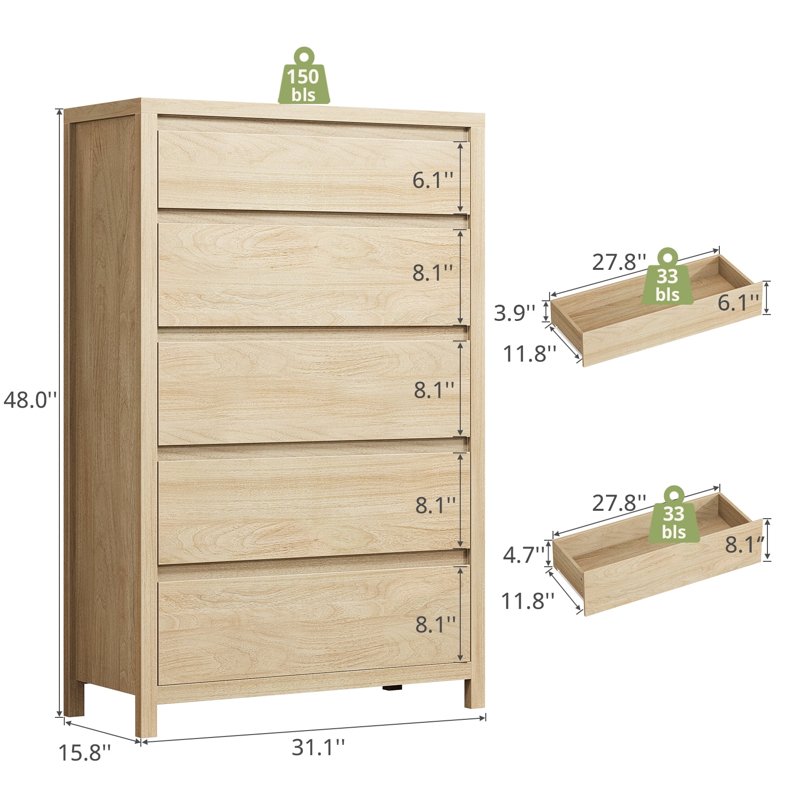 5 Drawer Dresser for Bedroom, 48" Tall Wooden Closet Dresser with Smooth Drawer, Large Tall Dressers & Chests of Drawers for Bedroom Living Room, oak