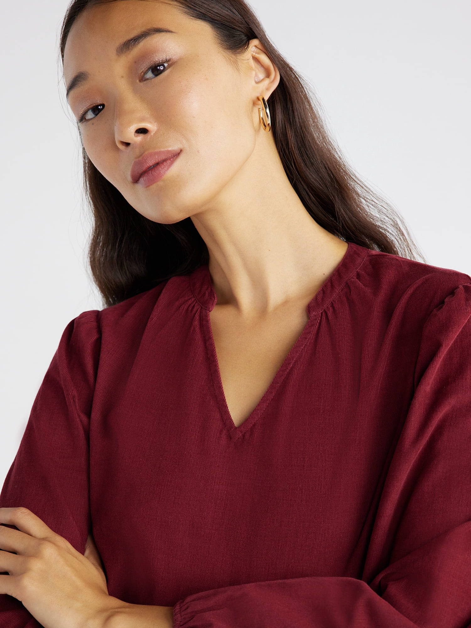 Time and Tru Women's Puff Sleeve Corduroy Top, Sizes XS-XXXL