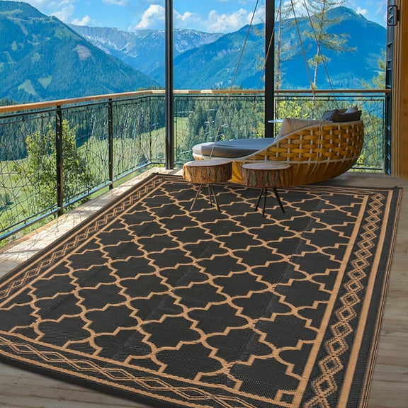 8x10 Outdoor Patio Rug, Large Waterproof Reversible Carpet for Deck Backyard Balcony, Plastic Straw RV Camping Mat Easy Clean,Black/Brown