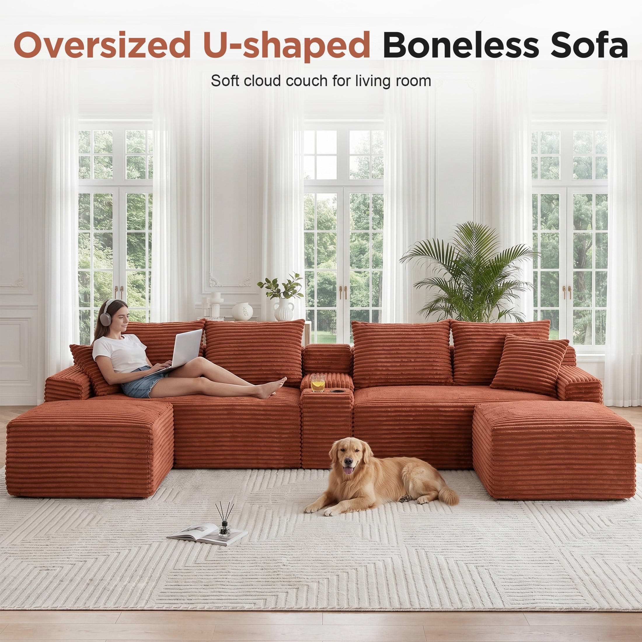 Aenkyo 127" Corduroy U-Shaped Modular Sectional Sofa with Storage Console and Cup Holder, Orange