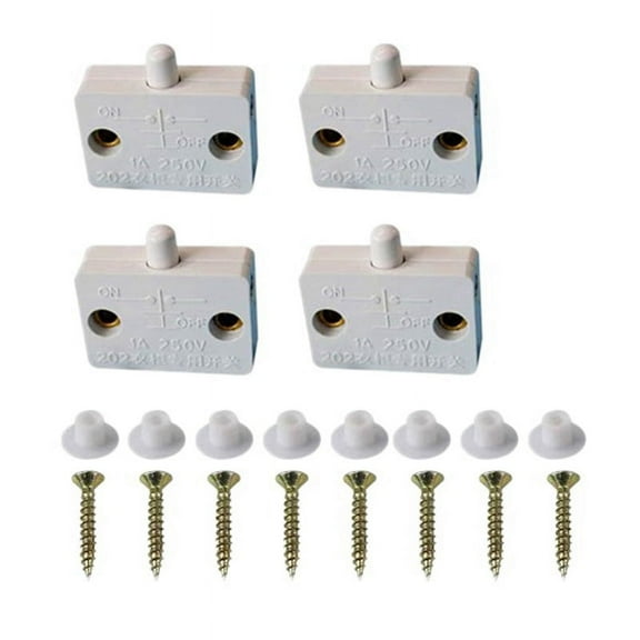 4 Pcs Cabinet Door Switch Cabinet Lamp Switch Drawers Open on Close Door Applicable to 12V 24V 110V White,4 * Switch 8 * Screws 8 * Plalstic Caps,white