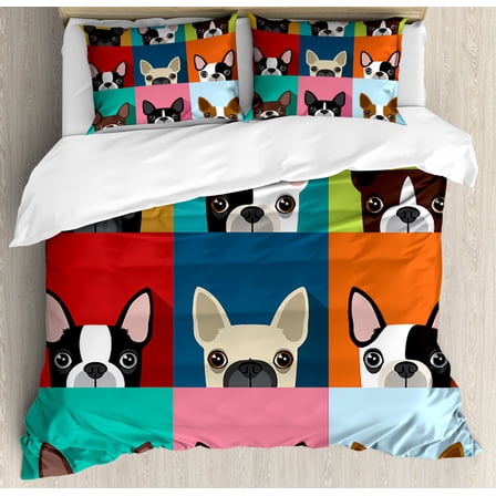 Boston Terrier Queen Size Duvet Cover Set, Minimalist Colorful Assortment of Terrier Portraits Multiple Variations, Decorative 3 Piece Bedding Set with 2 Pillow Shams, Multicolor, by Ambesonne