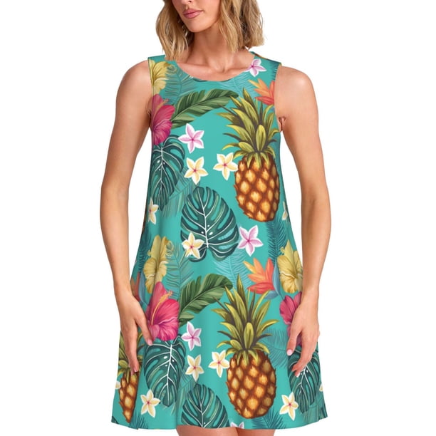 Fotbe Pineapple Vestido de Verano sin Mangas para Mujer – Vestido Midi Línea A, Estilo Camiseta Floral, Vestido Playero Casual y Fluido