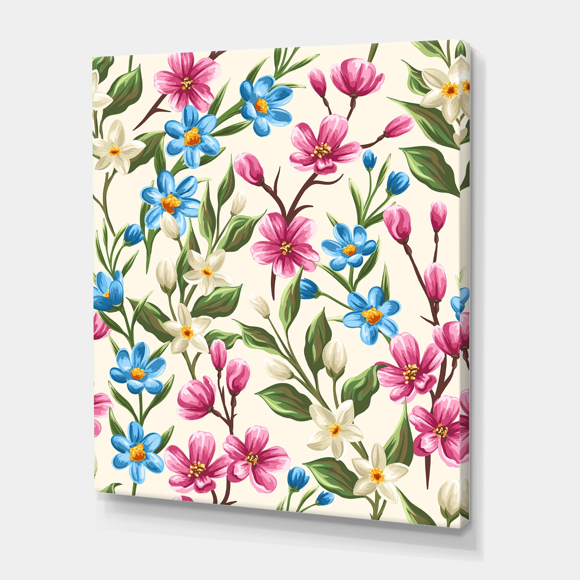 Designart ' Vintage Blue and Pink Wildflowers ' Traditional Canvas Wall Art Print