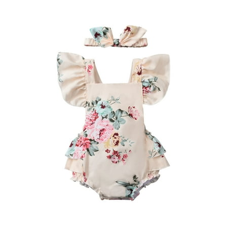 

Canis Baby Girls Summer Outfit Floral Print Fly Sleeve Romper Bow Headwear